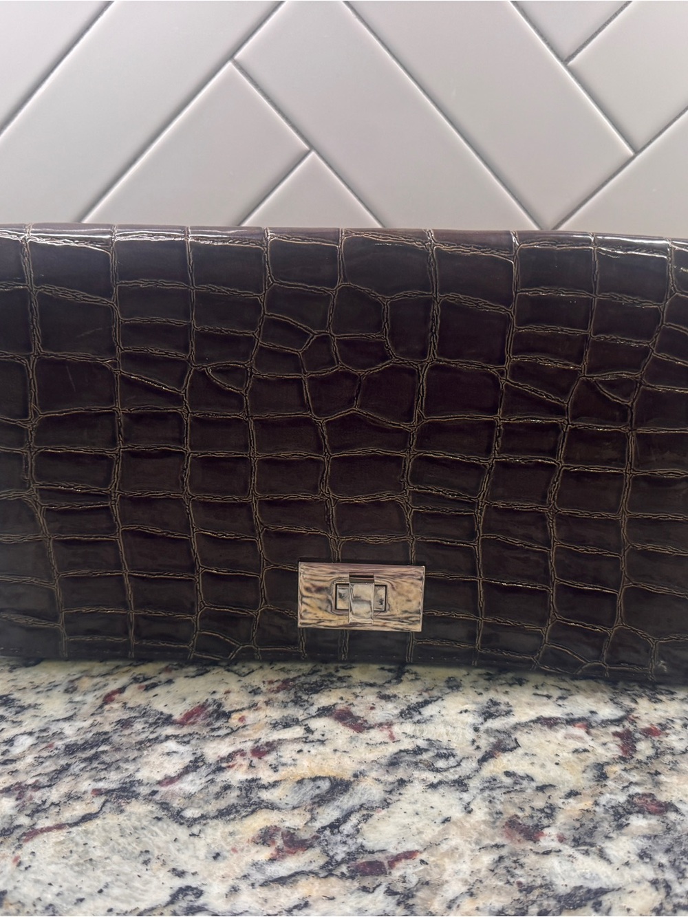 New with tags Women’s Dark Brown Croc-Embossed Clutch with Turn-Lock